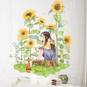 Pastoral wall sticker with sunflower, girl, and cat in a Nordic style for living room décor