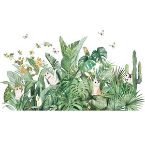 Nordic tropical green plant wall stickers with cute cats and monstera leaves decoration