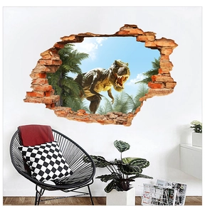 Détail d'un sticker mural 3D dinosaure T-Rex avec effet de mur brisé pour la décoration