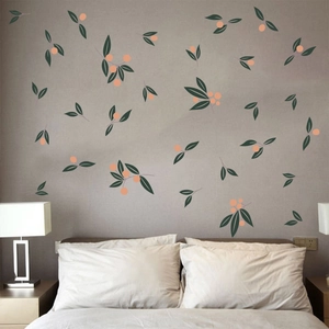 Minimalist green leaves and orange berries wall stickers for Nordic bedroom home decor