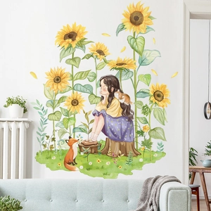Nordic sunflower wall stickers with girl and animals for cozy living room decoration