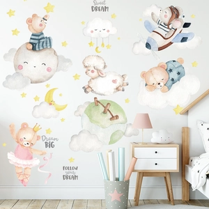 Watercolor bear and clouds wall stickers for kids room with moon and stars decor