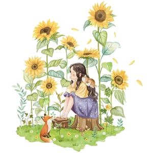 Pastoral girl wall sticker with sunflowers, fox and cat for Nordic home decor