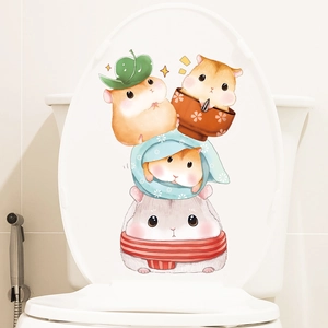 Removable cartoon hamster toilet lid stickers with cute watercolor animal designs for bathroom