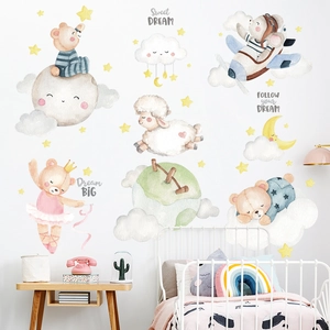 Watercolor cartoon bear and moon wall stickers set for kids nursery room decor