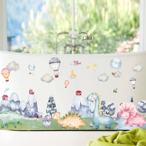 Watercolor dinosaur wall stickers featuring snowy mountains for kids' bathroom decor