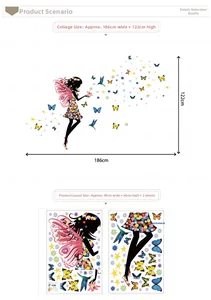 Détails des dimensions de l'autocollant mural fée et papillons, couverture 186x122cm