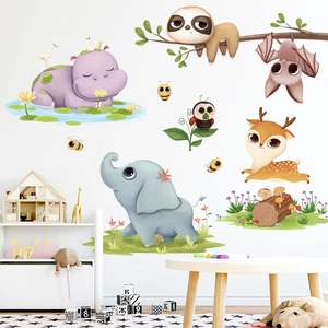 Cute cartoon animal wall stickers featuring elephant and deer for kids room decor