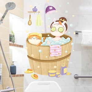 Cartoon girl and cat in bath bathroom wall sticker decal for home decor