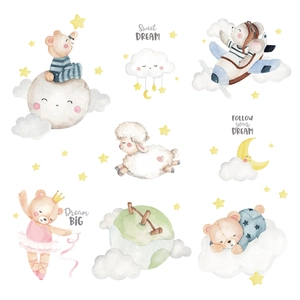 Watercolor animal wall decals with cute bears and moons for nursery decor