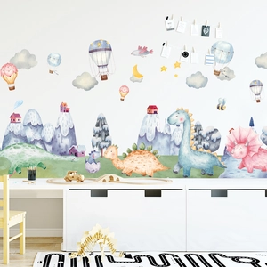 Watercolor dinosaur wall stickers featuring snow mountains and forest for nursery wall decor