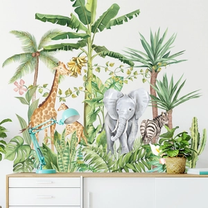 Tropical jungle wall stickers with watercolor giraffes, elephant and palm tree leaves