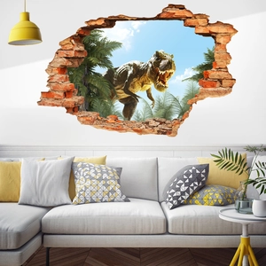 Sticker Mural 3D Dinosaure T-Rex Effet Mur Brisé PVC Imperméable Décoration Murale Autocollant pour Chambre d'Enfant Salon