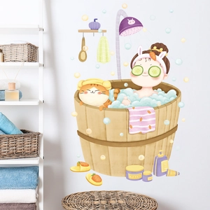 Cartoon girl and cat in bathtub wall sticker for bathroom decor with colorful bubbles