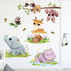 Cartoon animal wall stickers with elephant deer and hippo for nursery room wall decor