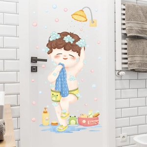 Cartoon boy shower wall sticker with soap bubbles and blue towel for bathroom decor