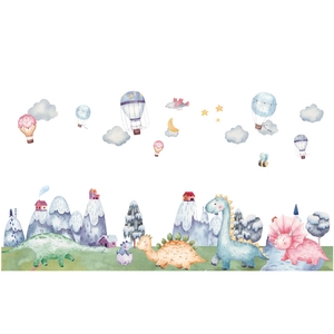 Watercolor dinosaur wall sticker with snow mountains and balloons for nursery decor
