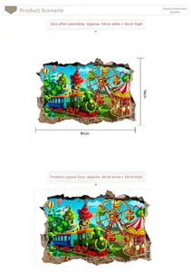 Detailed 3D broken wall sticker featuring cartoon train, ferris wheel and 85x56cm dimensions