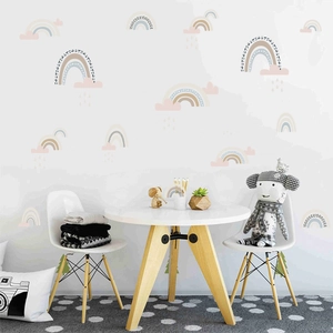 Morandi rainbow and cloud wall decals for nursery decor with minimalist rain drops