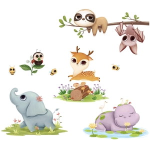 Watercolor cartoon forest animals wall stickers featuring elephant, hippo and deer for nursery