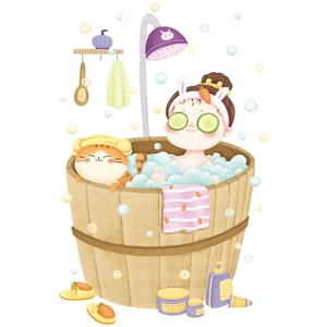 Cute girl and cat in bathtub wall sticker, cartoon bathroom wall art decal for home decor
