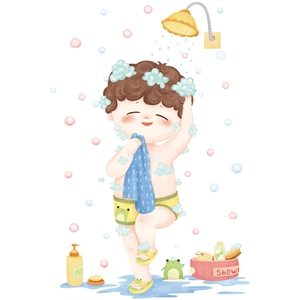 Cute cartoon boy taking shower wall sticker for bathroom decoration with frog theme