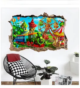 3D wall sticker with cartoon amusement park, Ferris wheel and train on a white wall