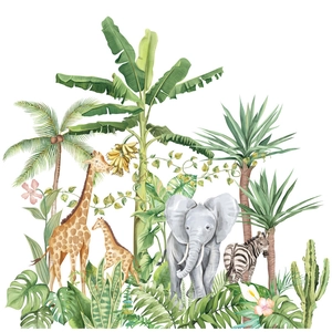 Nordic watercolor wall stickers with tropical jungle animals, elephants and giraffes