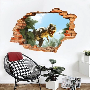 Sticker mural 3D dinosaure T-Rex traversant un mur pour décoration chambre d'enfant