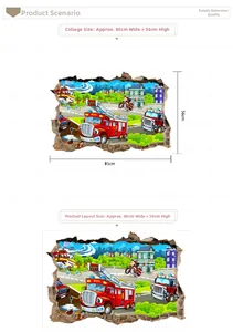 3D cartoon fire truck wall decal detail with 85x56cm layout and application dimensions