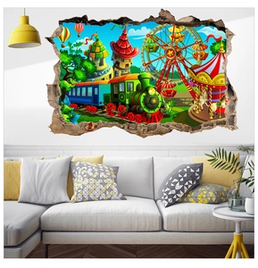 Detailed 3D wall decal of a colorful theme park with a train and ferris wheel