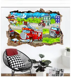 Detail of 3D cracked wall decal featuring cartoon fire truck and rescue vehicles