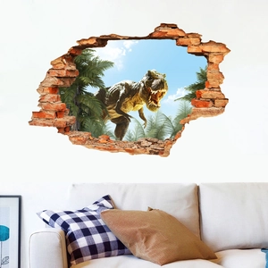 Sticker mural 3D avec un T-Rex rugissant traversant un mur de briques pour la décoration