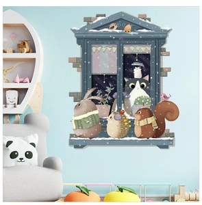 Détail de l'autocollant mural animaux d'hiver avec chat, lapin et hibou pour chambre d'enfant