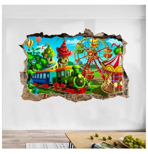 Detailed 3D wall decal showing a cartoon amusement park with ferris wheel and train