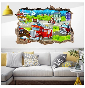 Detailed 3D wall sticker featuring a cartoon fire truck and helicopter crashing through wall