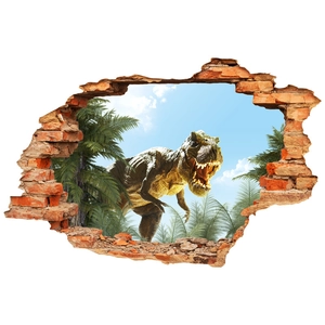 Sticker mural 3D dinosaure T-Rex brisant un mur de briques pour chambre d'enfant