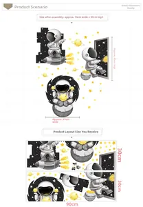 Detail view of astronaut space wall stickers showing 30x90cm sheet layout and dimensions