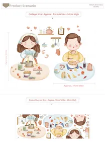 Dimensioni dettagliate dell'adesivo murale cucina con personaggi carini ed elementi di cibo