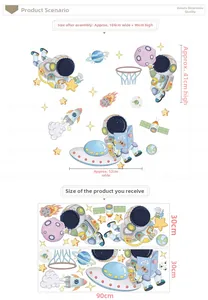 Detail view of astronaut wall stickers with rocket and UFO dimensions for kids room