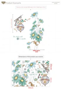 Detail showing teal daisy wall stickers with retro lamp and DIY layout dimensions