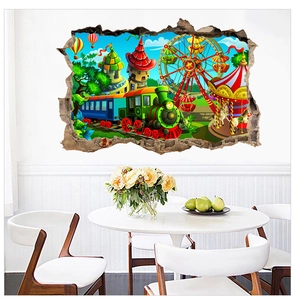 3D wall sticker featuring a cartoon amusement park with a castle and train in a dining room