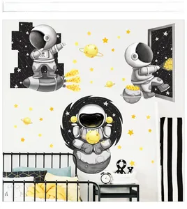 Bedroom wall decor with cartoon astronauts, stars and space planets stickers