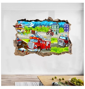 Detail of 3D cartoon rescue vehicle wall decal with realistic broken wall effect for kids