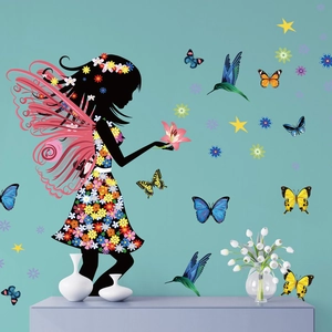 Sticker Mural Silhouette de Fille Fée des Fleurs Avec Papillons et Colibris Colorés Floral en PVC Amovible DIY Art Mural pour Chambre Salon