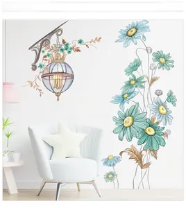 Detailed view of daisy wall stickers and vintage lamp decals in a cozy home setting