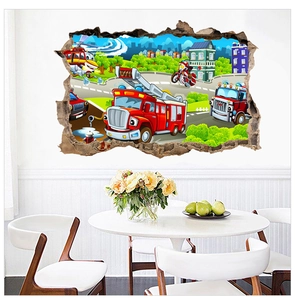 Detailed 3D wall decal showing a cartoon fire truck and police vehicles in a bright dining room
