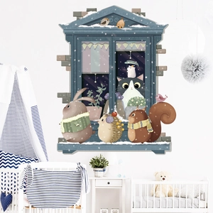 Sticker Mural Style Nordique Animaux Dessin Animé Fenêtre Neige Hiver PVC Amovible pour Chambre d'Enfant Décoration