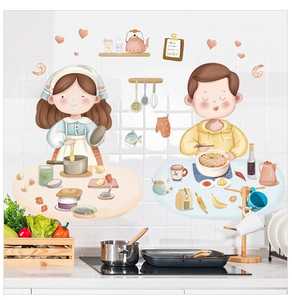 Dettaglio degli adesivi murali da cucina con coppia cartoon su sfondo di piastrelle