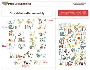 Detail view of animal alphabet wall stickers showing layout size 60x90cm and scale